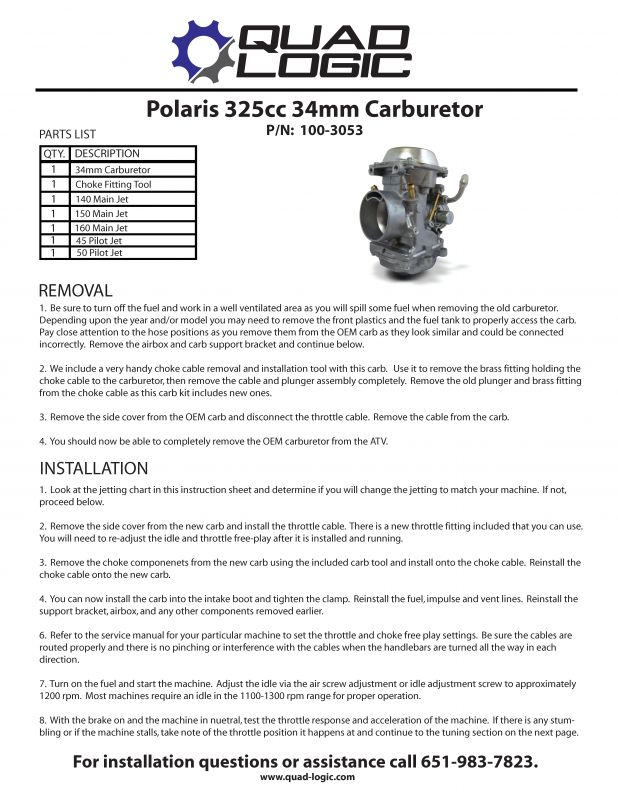Carburetor for Polaris 325cc 34mm removal and install instructions. Parts in stock at Quad Logic ATV parts dealer. 