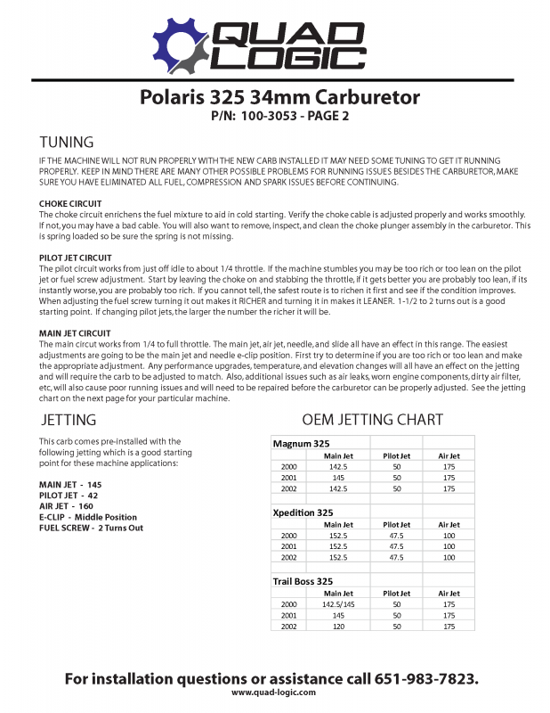 Polaris 325 34mm Carburetor part 2 instructions. Tuning details. Choke circuit. Pilot jet circuit. Main jet circuit. OEM jetting chart for the magnum 325. OEM Chart for the Xpedition 325. 
