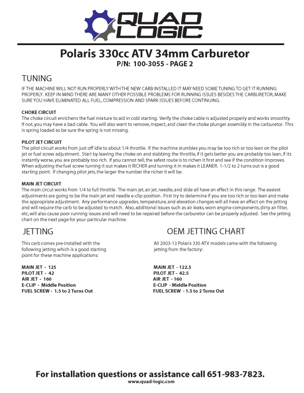 Polaris 330cc ATV 34mm Carburetor instructions continued. Choke circuit, Pilot Jet Circuit. Main Jet circuit. OEM Jetting Chart.