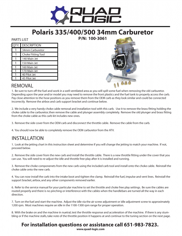 Polaris 335 Carburetor. Polaris 400 Carburetor. Polaris 500 34mm Carburetor. Removal and Installation instructions. 