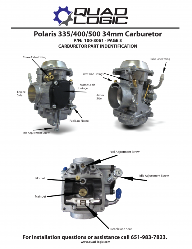 Carburetor part identification for the Polaris carburetor for all makes and models. Choke cable fitting, vent line fitting, pulse line fitting. Instructions on how to install carburetor aftermarket parts. 