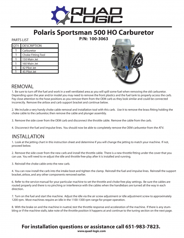 Polaris Sportsman 500 HO Carburetor. Removal and install instructions. Choke fitting tool, 150 main jet, 160 main jet, 42 pilot jet, 45 pilot jet.
