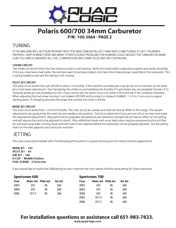 Polaris 600/700 34mm Carburetor Instructions continued. Tuning, choke circuit, pilot jet circuit, main jet circuit. Sportsman 600 all models and years. Sportsman 700 all makes and models. 
