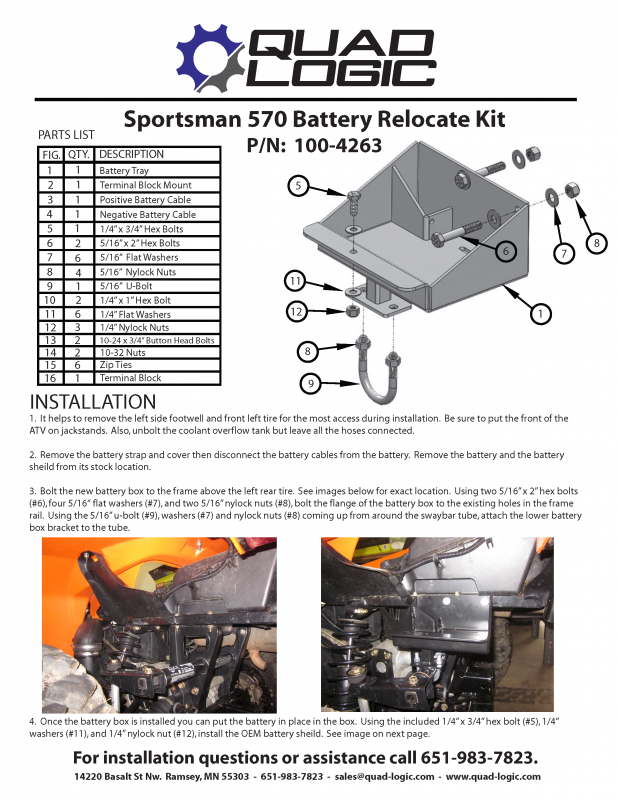 Sportsman 570 Battery Relocate Kit and installation instruction for aftermarket parts for battery. In stock relocate kits. 