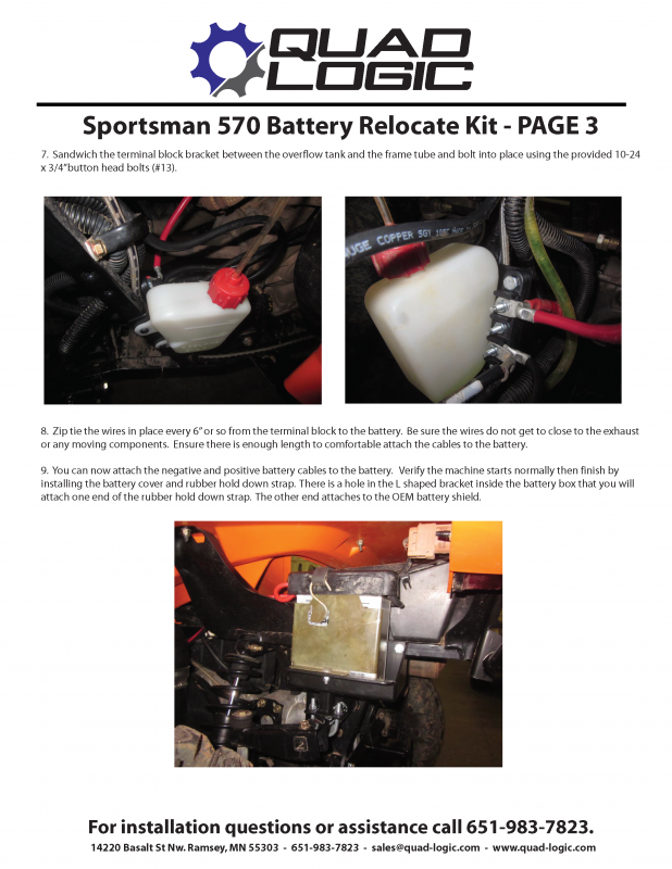 Sportsman 570 Battery Relocate Kit page 3. Full instruction manual for relocate kit from quad logic for polaris atv. Polaris sportsman battery, Polaris RZR battery, Polaris ranger battery. 