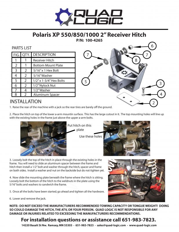 Polaris XP 550, Polaris XP 850, Polaris XP 100, 2" receiver Hitch. Instructions for hitch install. Mounting plate placement with all parts included. 