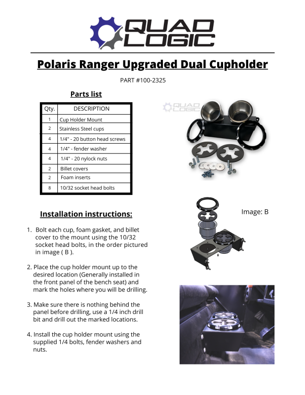 Polaris Ranger parts and accessories. Parts ATV. Polaris Cupholder. Ranger Cupholder. Upgraded parts and accessories for the Polaris Ranger. Steel Billet Cupholder. 