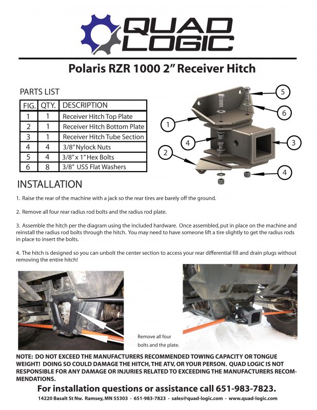 Polaris RZR 1000 2" Receiver Hitch. Quad Logic providing install instruction for the rzr. RZR parts and accessories given in detail with how to install and increase effectiveness of the parts. ATV Towing and pulling. 