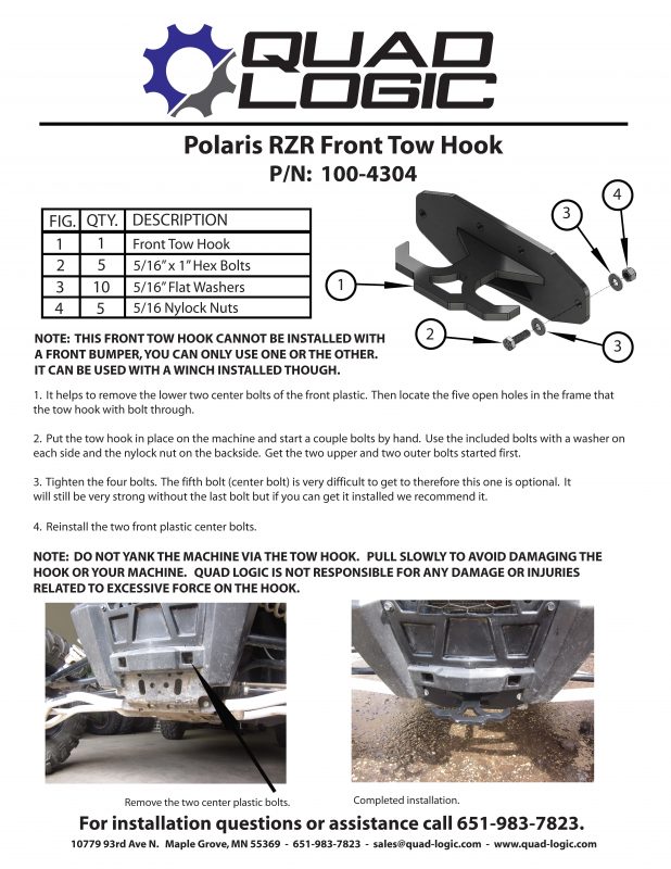 Instruction sheet for tow hitch for a Polaris RZR. The tow hitch is designed for the front of the rzr and has a large pull capacity. Good for getting others pulled out of sticky situations. Competitive price to all ATV parts competitors.  