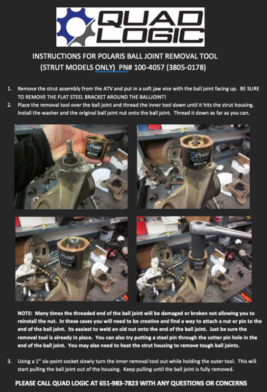 Instructions for Polaris Ball Joint removal tool. Strut models only. Quad Logic aftermarket Polaris and Can-AM parts. 
