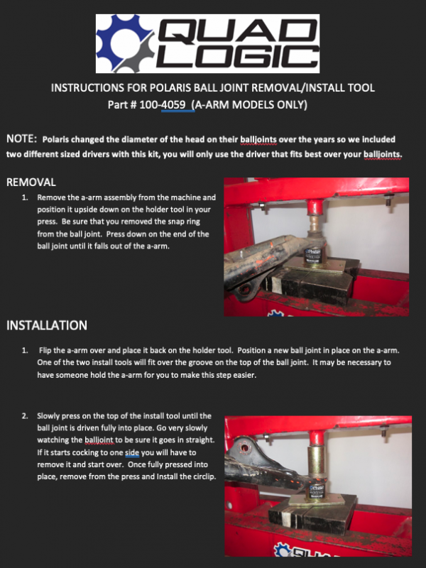 Instructions for Polaris Ball Joint removal/install tool for Polaris and Can-Am. (A-arm models only). 