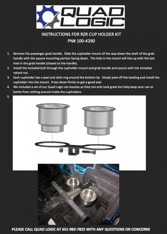 Instructions for RZR cup holder kit. Easy install with sturdy parts for Polaris vehicle. 