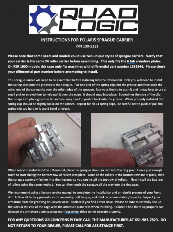 Polaris Sprague Carrier. Instructions for Sprague Carrier This sprague carrier will need to be assembled before installing into the differential.
