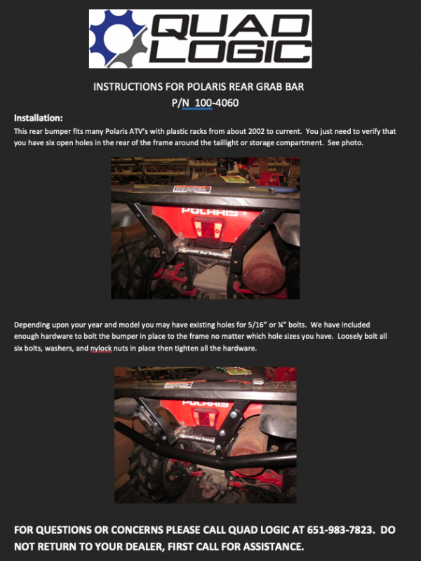 Polaris Rear Grab Bar. Instructions for Installation of the Polaris Grab bar. Upgraded ATV parts and accessories. In stock. Fast shipping, high quality. Good price. 