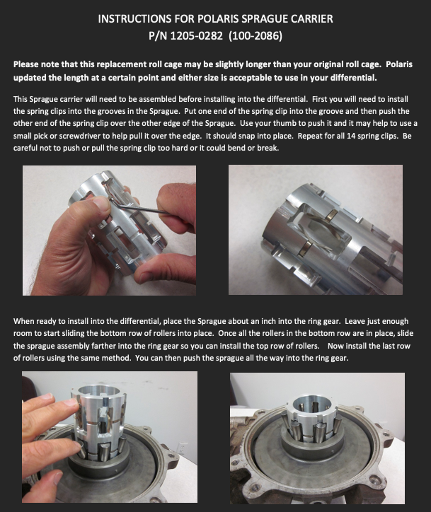 Instructions for installing Polaris Sprague Carrier. Different Polaris Models will require different install instructions.