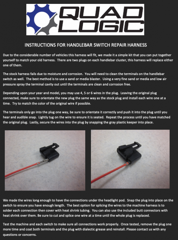 Instructions for Handlebar switch repair harness for both Polaris and Can-Am. 