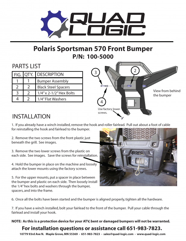 Polaris Sportsman 570 Front bumper. Parts list including bumper assembly, Black steel spacers and all needed parts. Installation instructions.