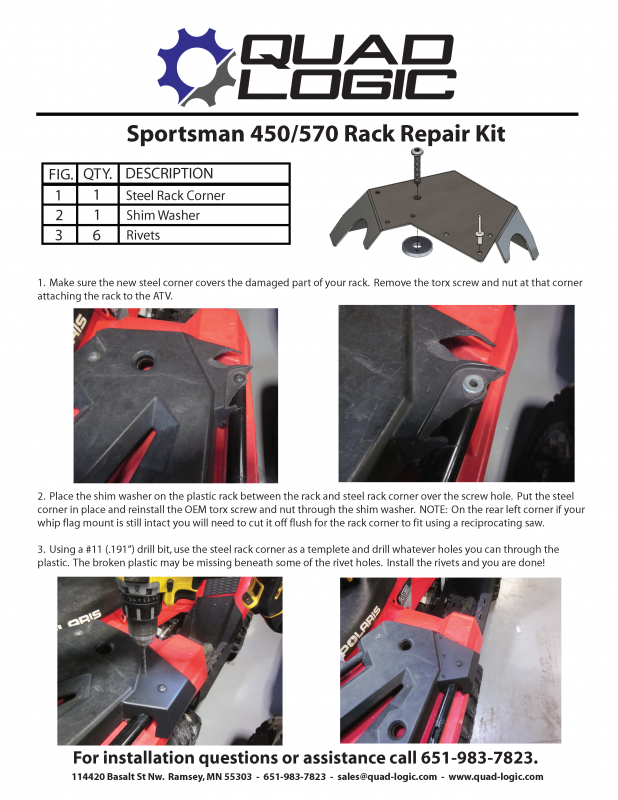 Sportsman 450/570 Rack Repair Kit. Polaris Rack repair kit. Comes with all parts required for the upgraded kit. 