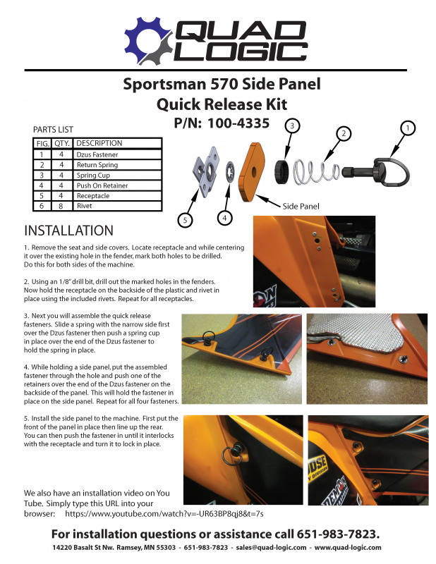 Sportsman 570 Side Panel kit. Polaris Side panel quick release kit. Installation with easy walk through. Polaris body upgrades for atv and easier riding. 