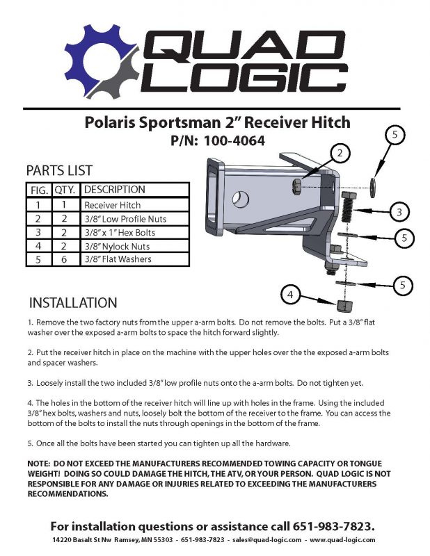 Polaris Sportsman 2" Receiver Hitch Install. Factory parts included with hitch kit from quad logic. ATV Hitch. ATV aftermarket parts at a good price with easy to install instructions. 